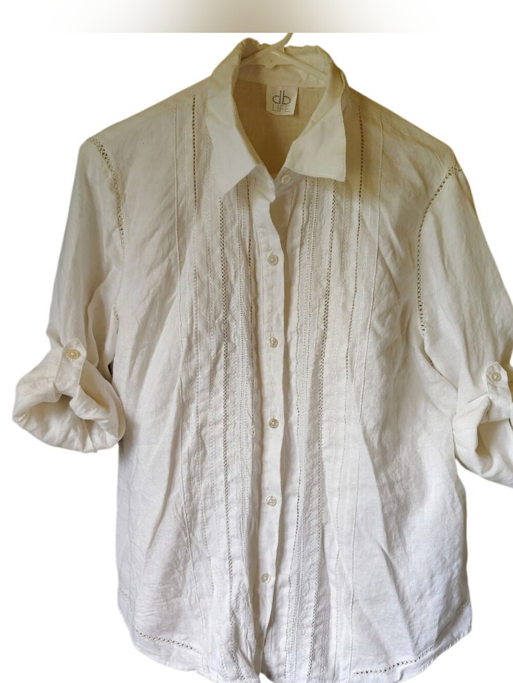 db Life White Linen Button Front Shirt Pin Tucking & Embroidery, Size Large/XL